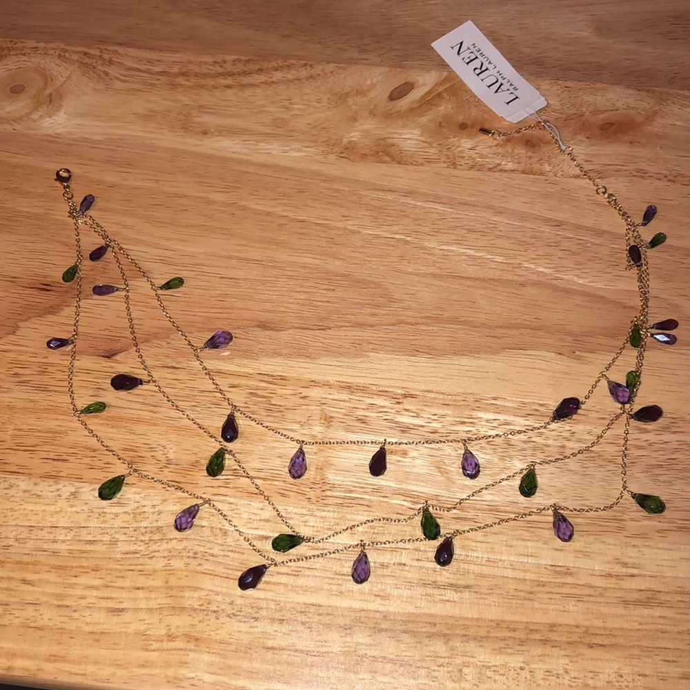 Lauren Ralph Lauren Gold Tone Triple Layer Briolette Stone Collar Necklace NWT